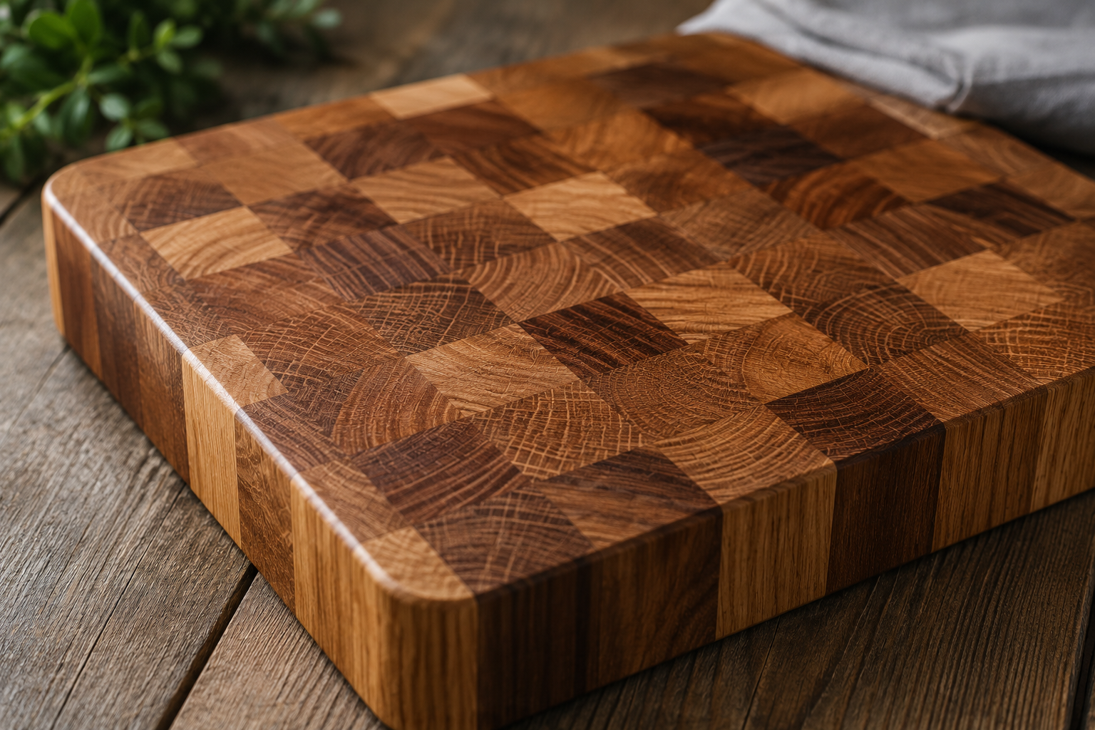 Close-up of an end grain wooden chopping board showing the block pattern