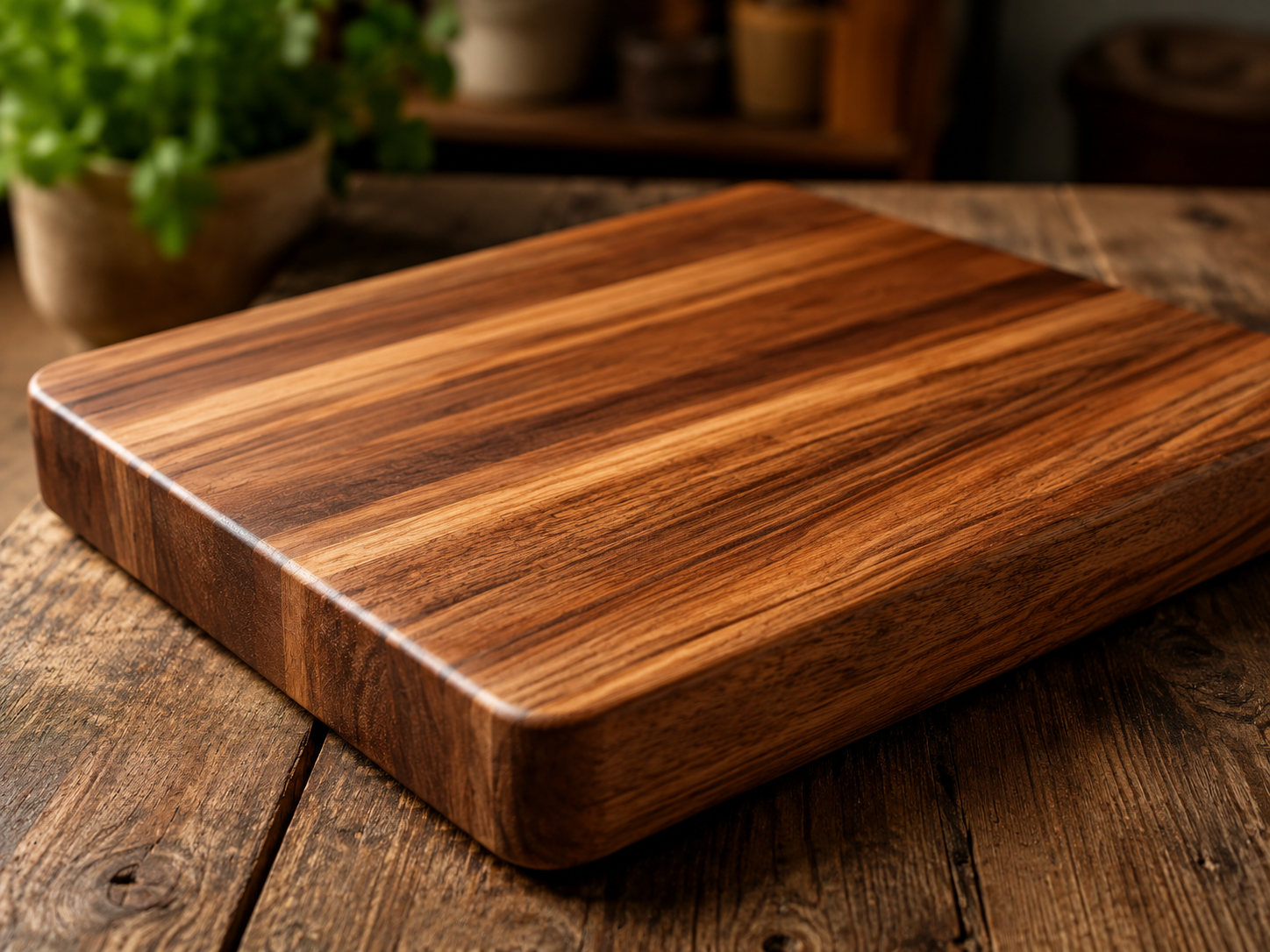 Close-up of a side grain wooden chopping board showing long timber grain lines