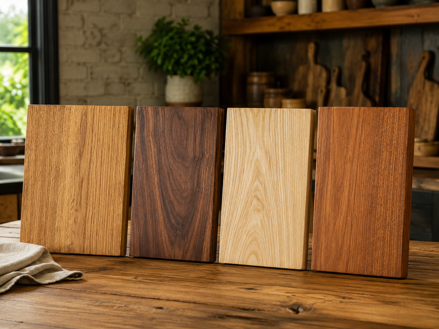 Oak, walnut, ash and iroko wood samples for chopping boards