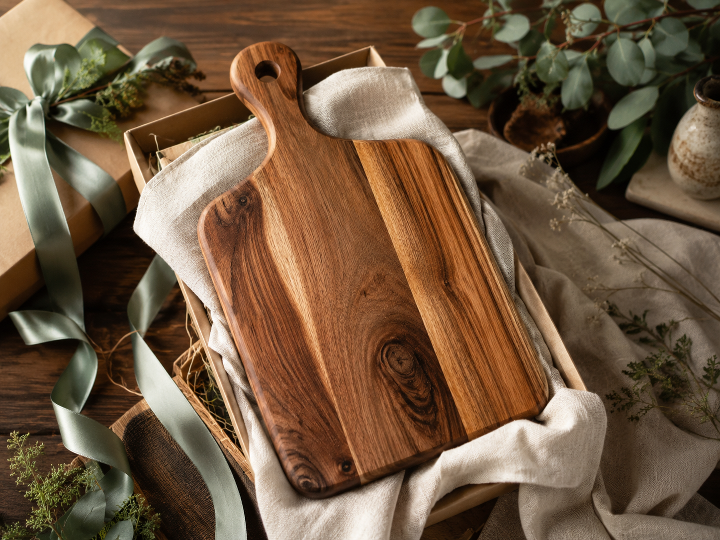 Gift-ready wooden chopping board with natural packaging