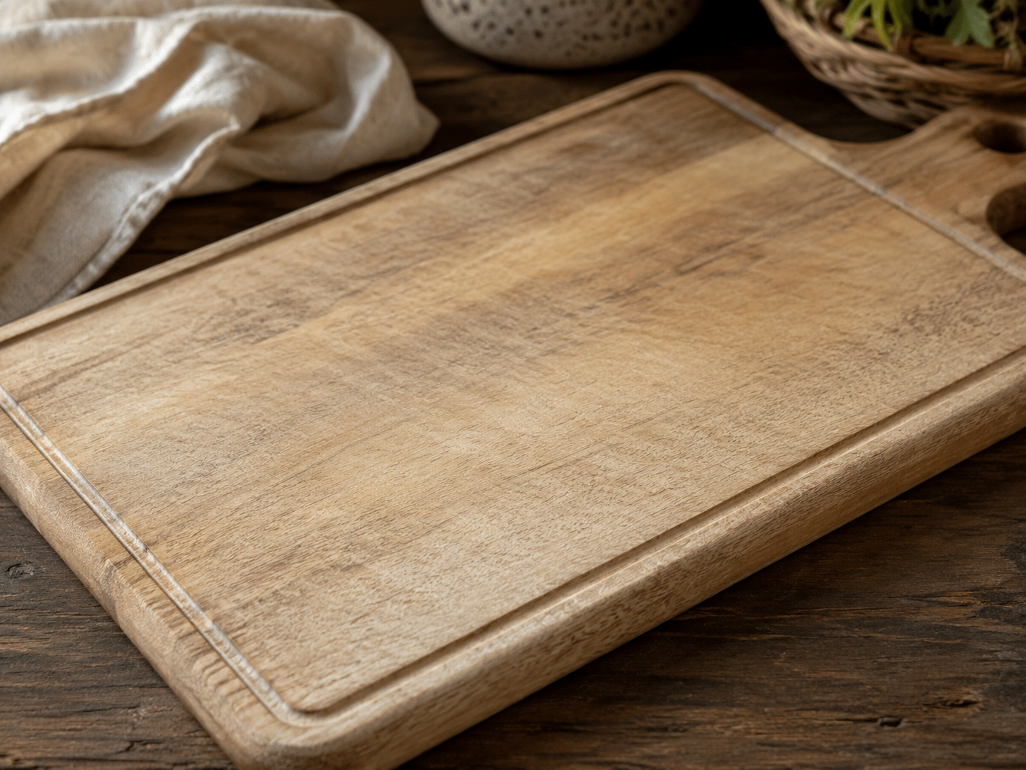 Dry wooden chopping board showing pale timber before oiling