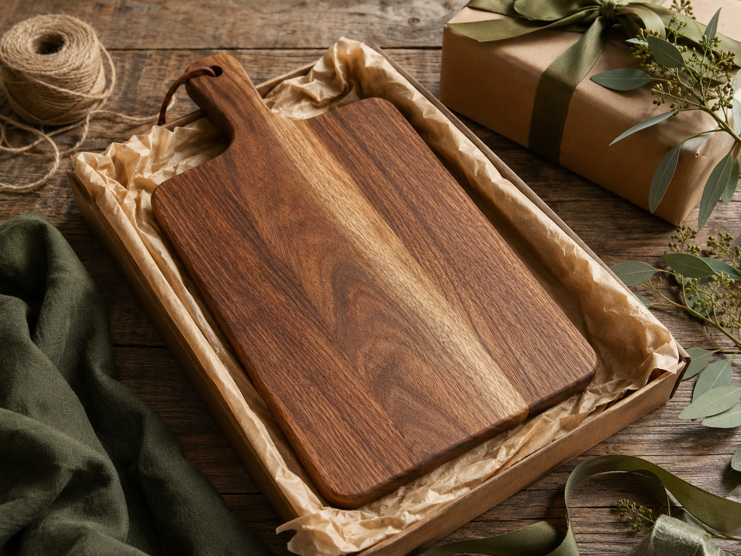 Gift-ready wooden chopping board with simple natural packaging