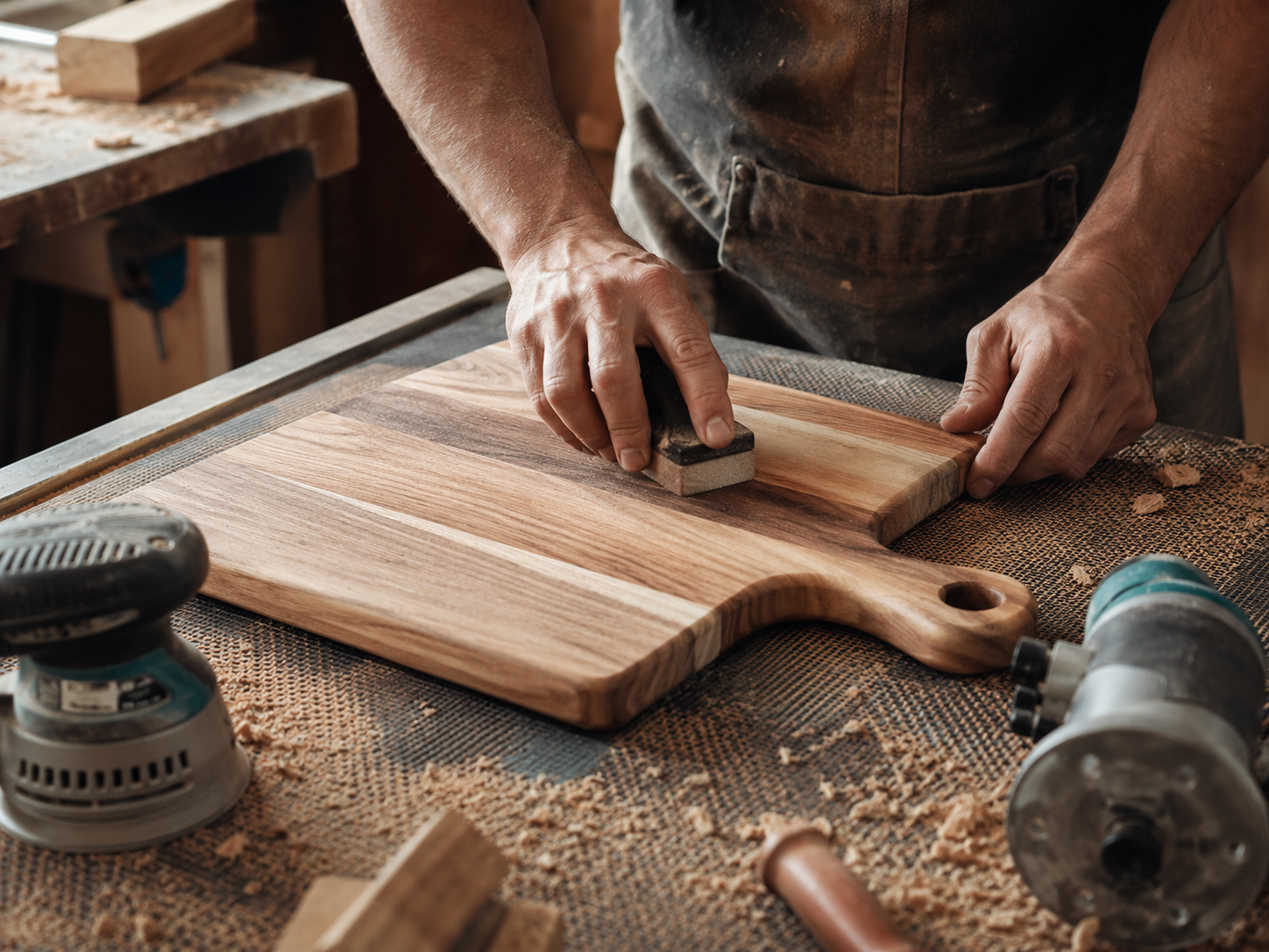 Wooden chopping board being made in a small workshop