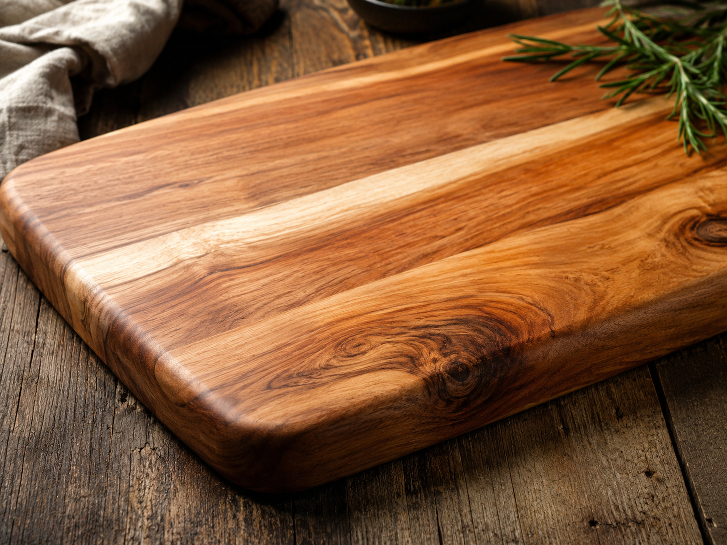 Close-up of a mixed hardwood chopping board showing oak walnut ash and iroko