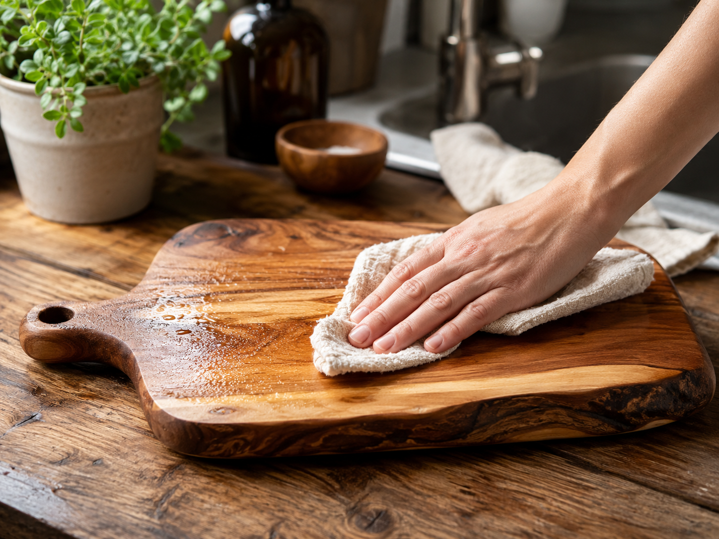 Cleaning a wooden chopping board with a damp cloth