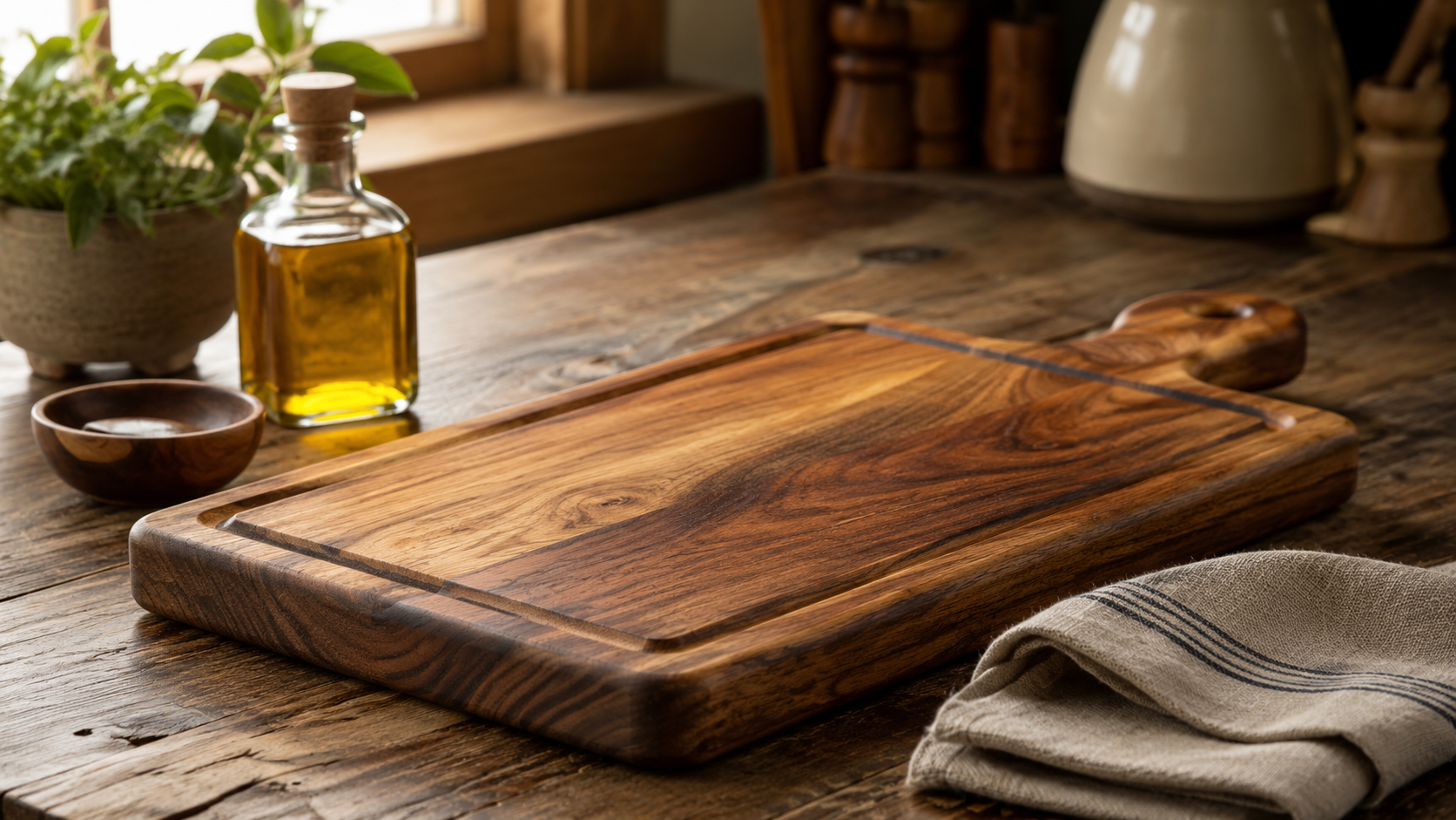 Wooden chopping board with care items including cloth and board oil