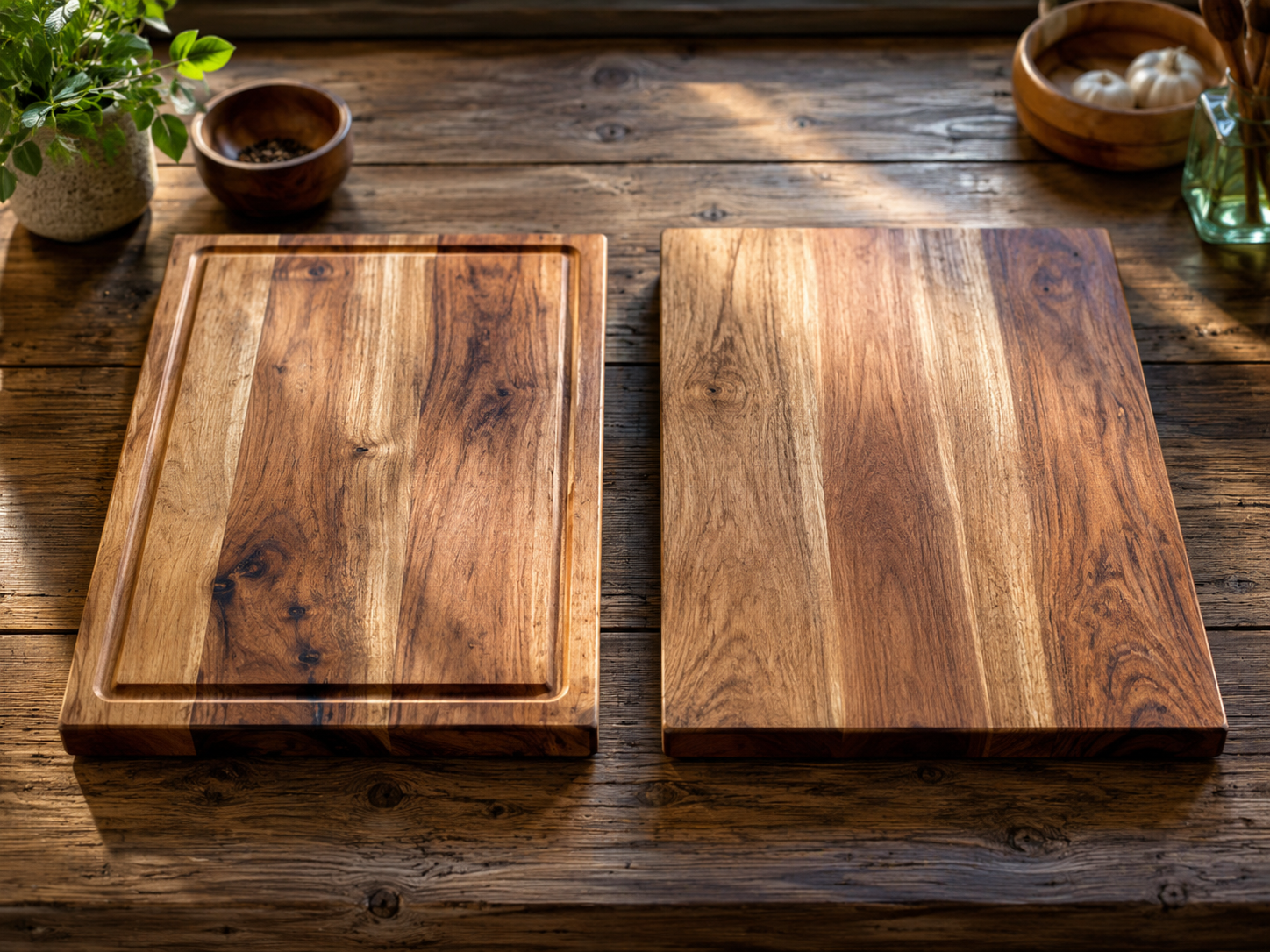 Two wooden chopping boards, one with a juice groove and one without