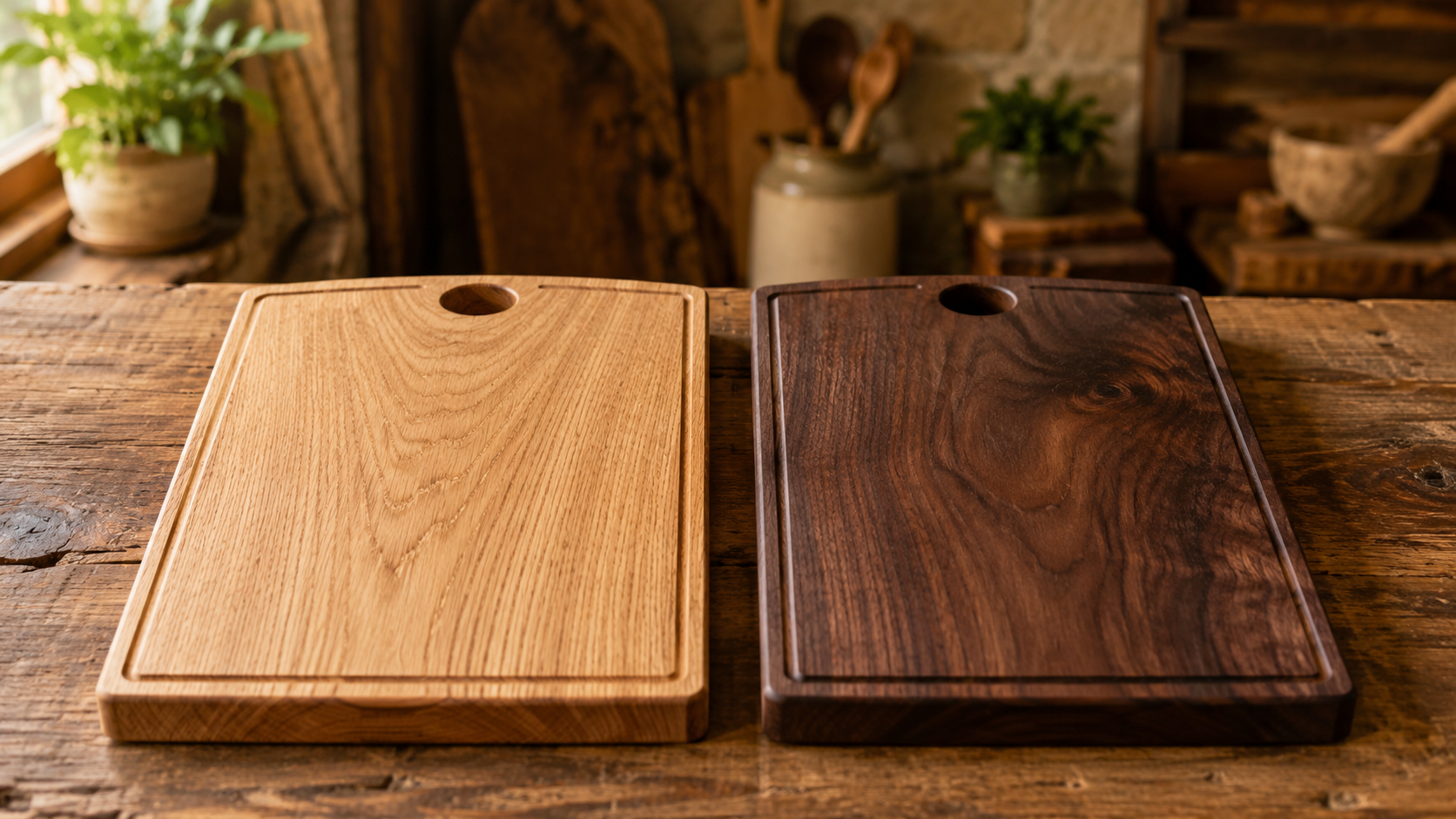 Oak and walnut chopping boards side by side