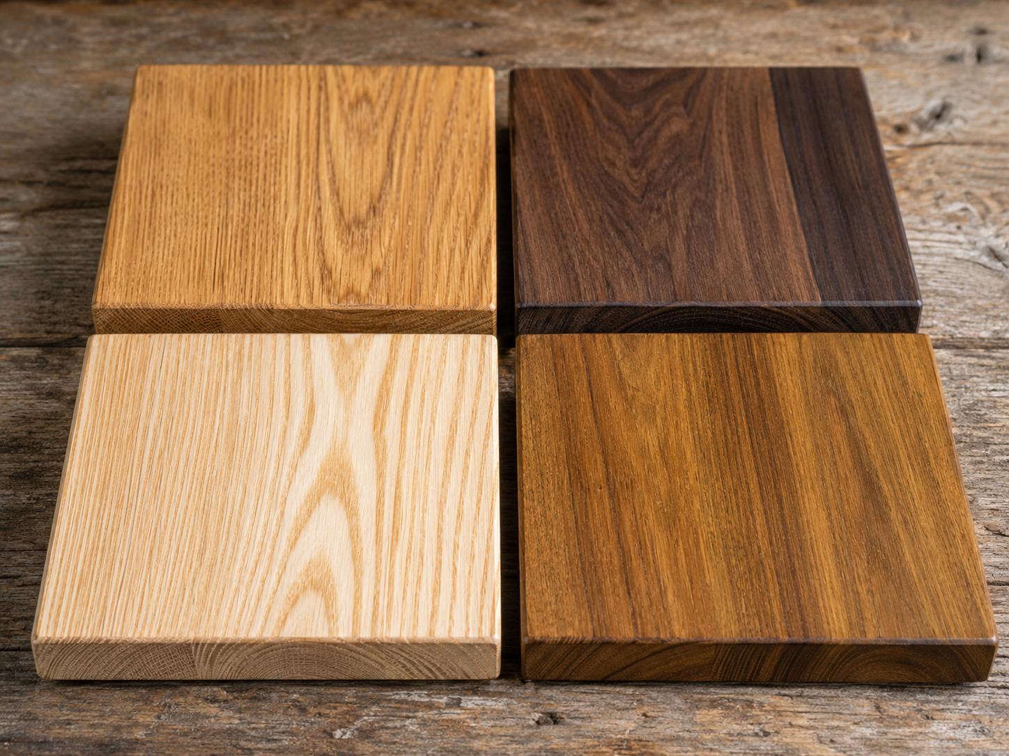 Oak, walnut, ash and iroko hardwood samples for chopping boards