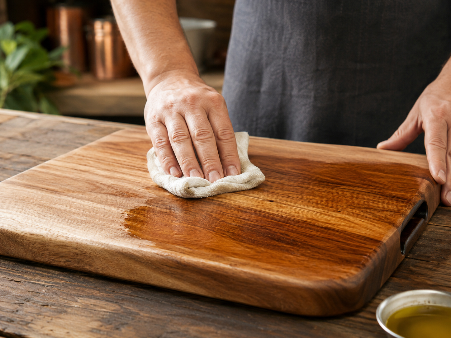 Applying food-safe oil to a wooden chopping board with a cloth