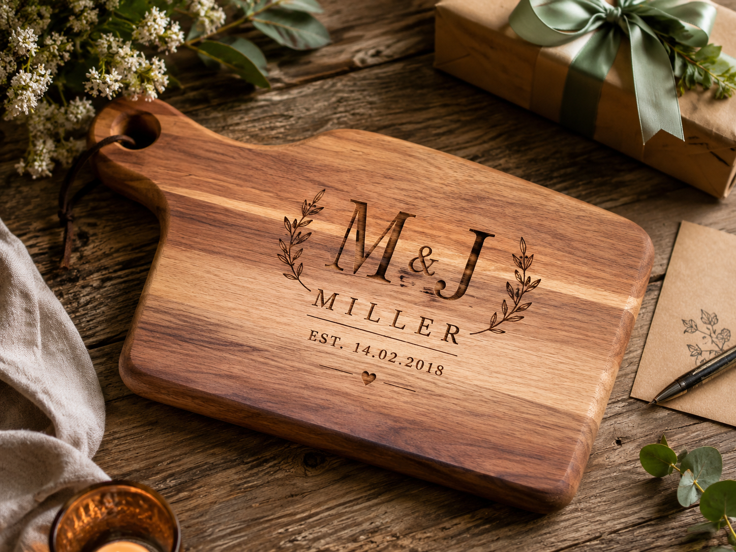 Personalised wooden chopping board gift with engraved detail