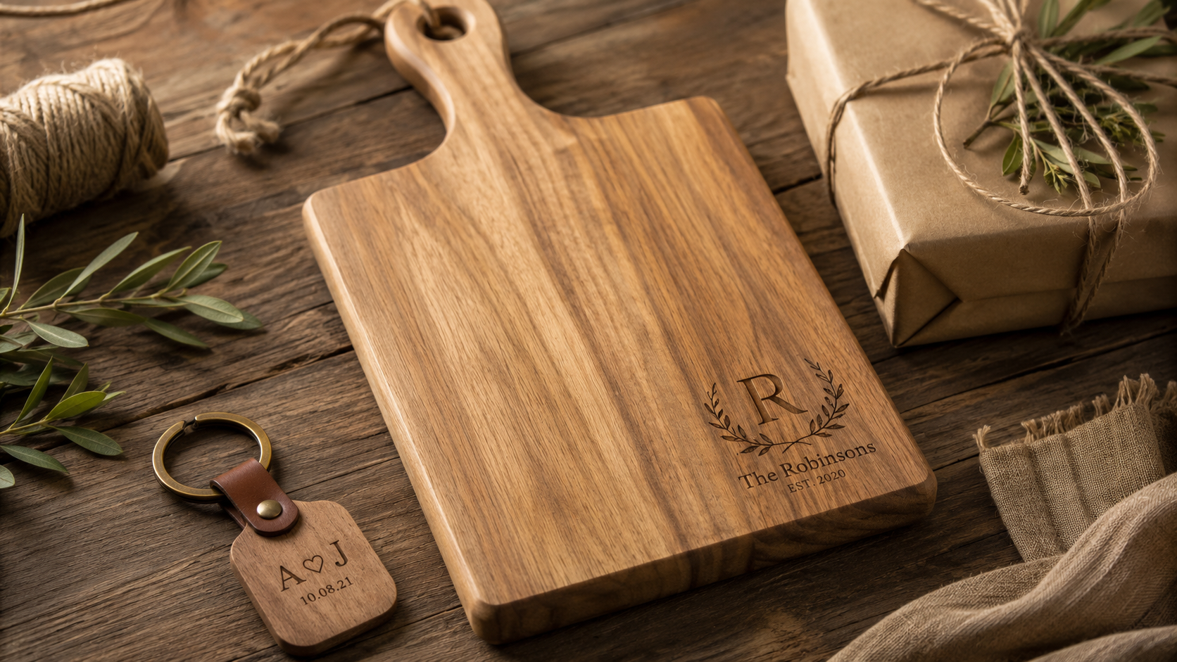 Personalised wooden gifts including an engraved board and wooden keyring