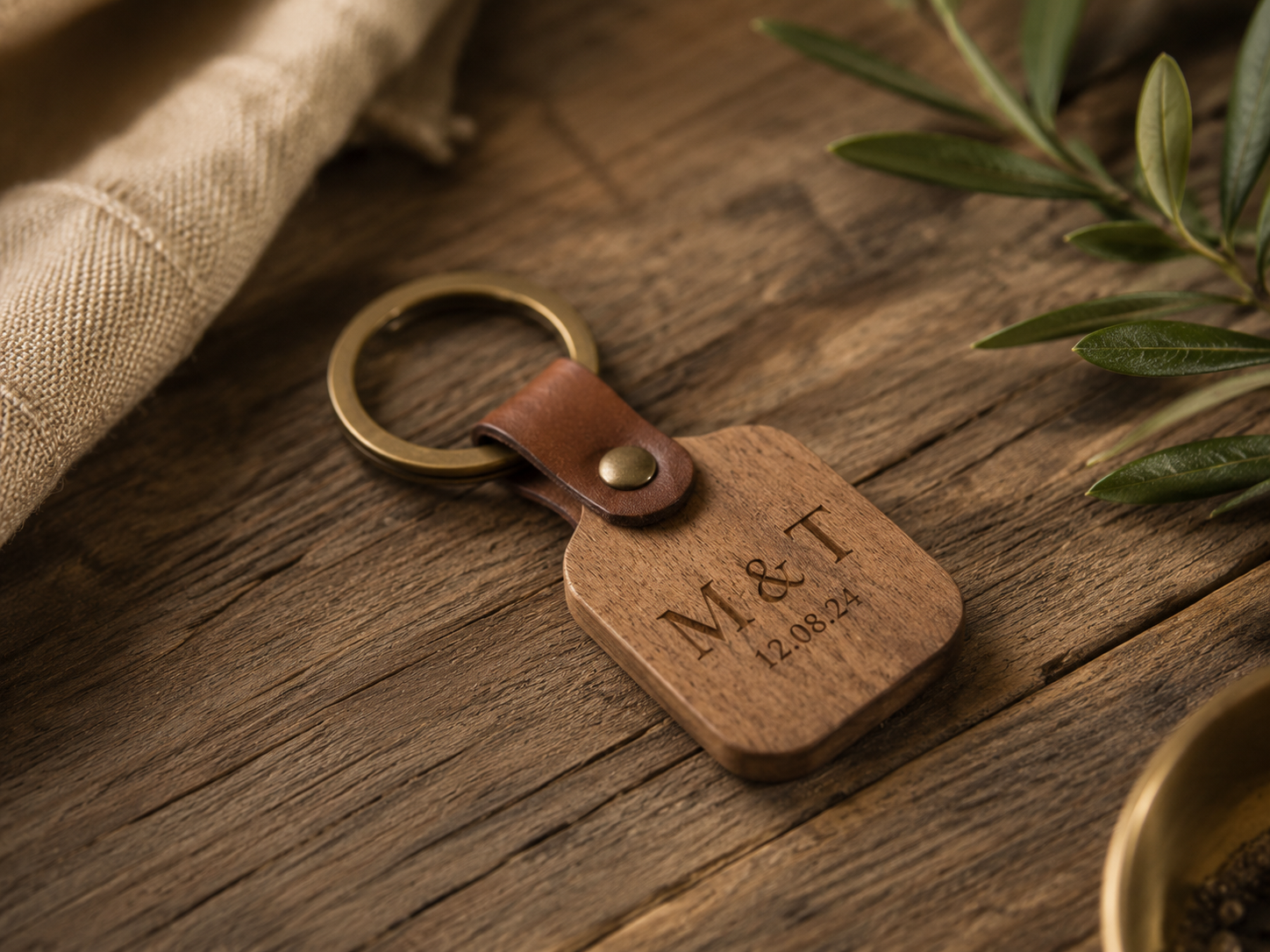 Personalised wooden keyring with engraved initials