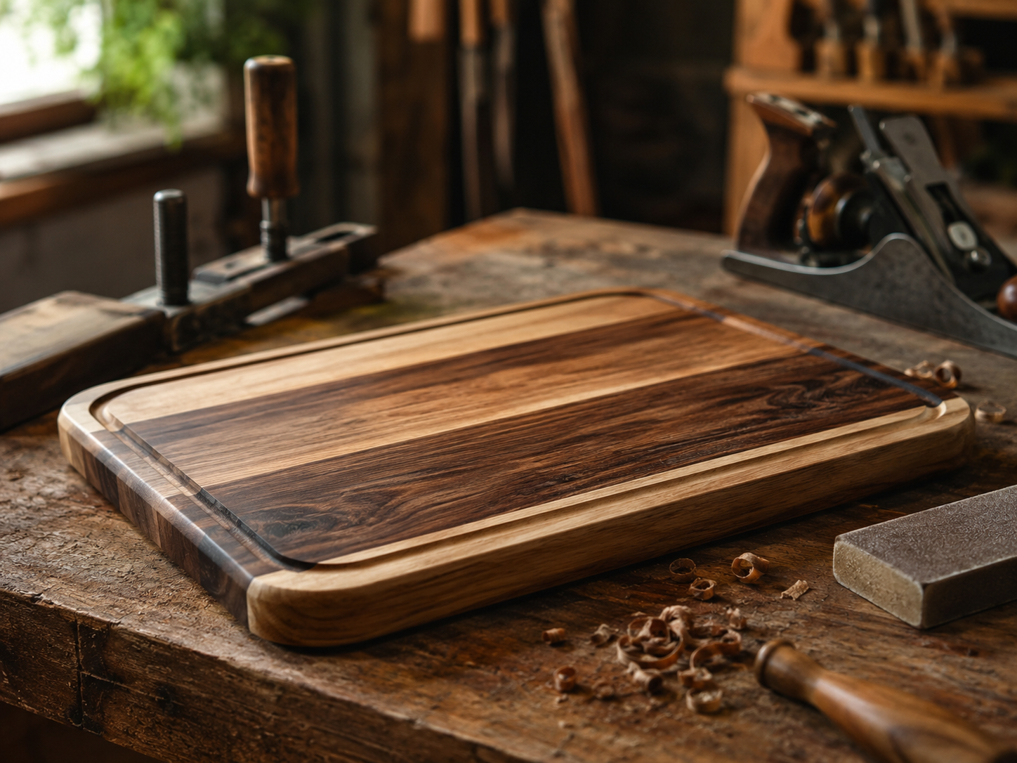 Handmade chopping board being finished in a workshop