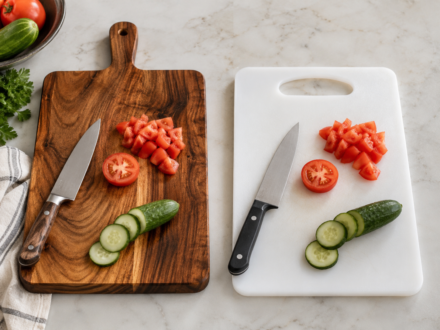 Wooden and plastic chopping boards compared on a kitchen surface