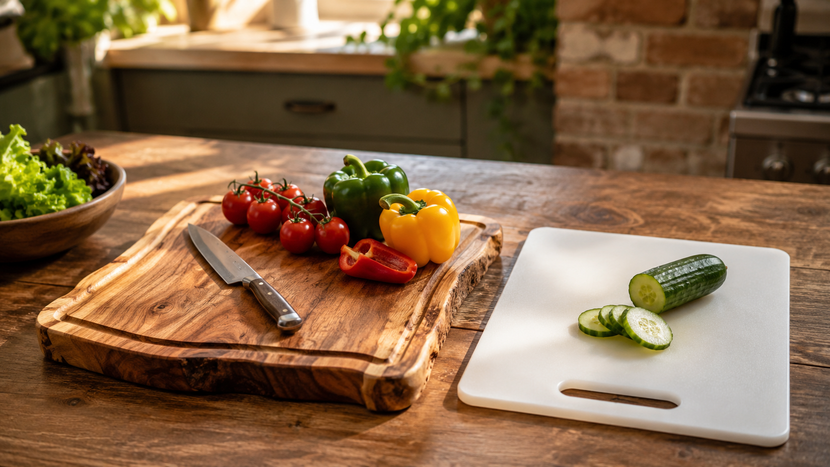 Wooden chopping board beside a plastic chopping board on a kitchen worktop